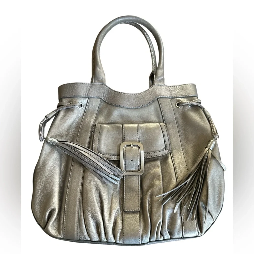 Cole Haan Metallic Taupe Leather Tassel Tote | Soft Pebbled Leather Shoulder Bag